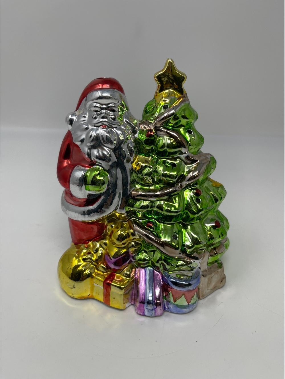 Vintage Style Metallic Santa Claus & Christmas Tree Ceramic Tea Light Holder